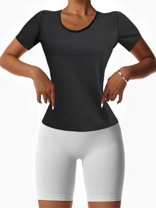 Summer 2024 Women's Solid Color Round Neck Short Sleeve Sauna Top,  Compression Shirts, Tight-fitting Sweat-wicking Crew Neck Sports Tee, Fitness Workout Gym Exercise Top for Women 2