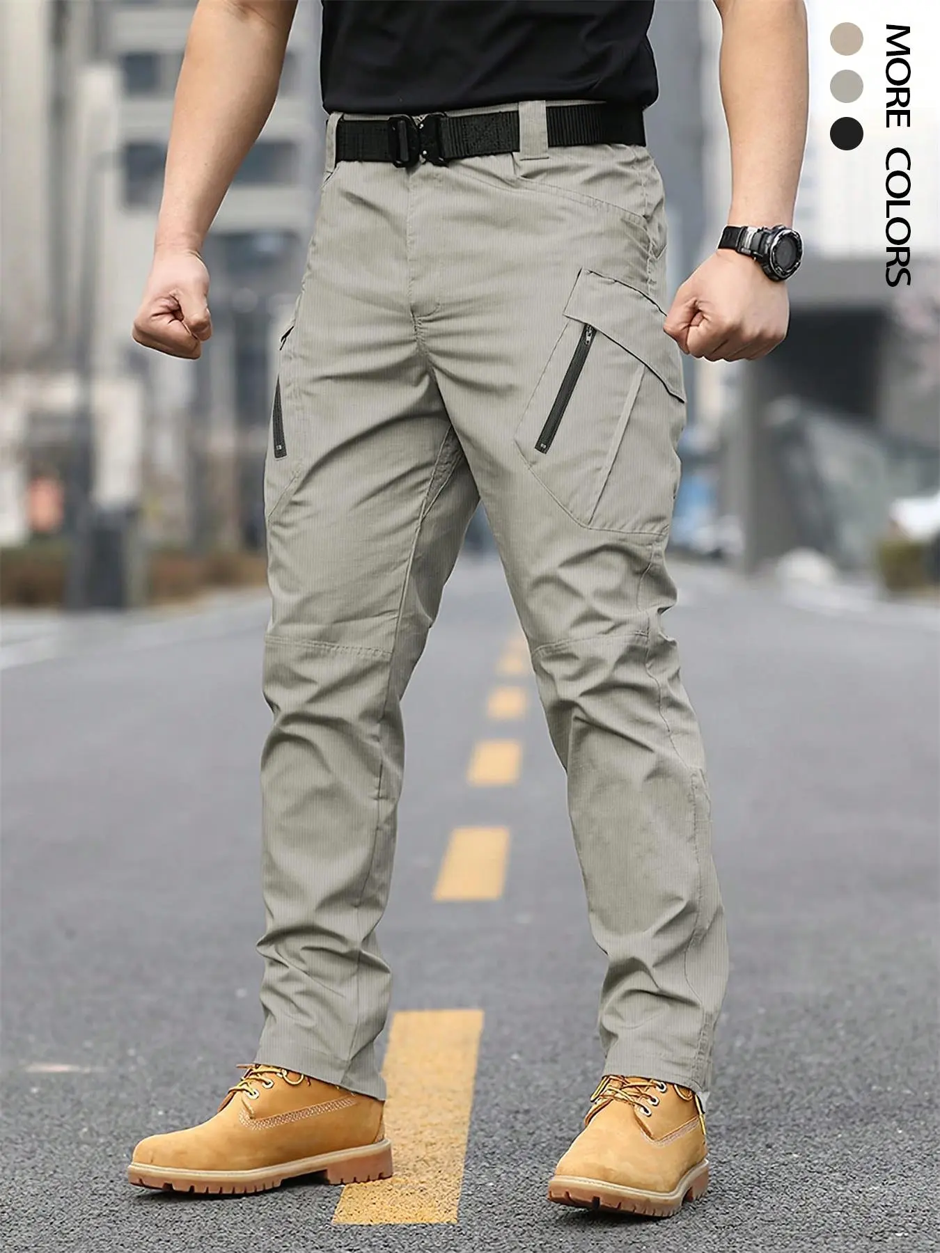 Men's Solid Pocket Zipper Cargo Pants, Regular Fit Casual Sporty Trousers for Hiking Outdoor Activities, Woven Bottoms for All Seasons