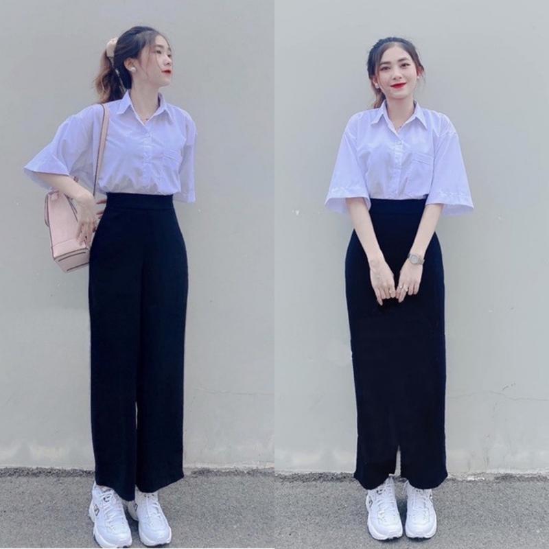 Quần tây ống rộng đi học khóa sườn nữ cạp lưng cao dáng quần vải ống rộng nữ suông dài dày đen học sinh đi học công sở Pants Jean Ong Women