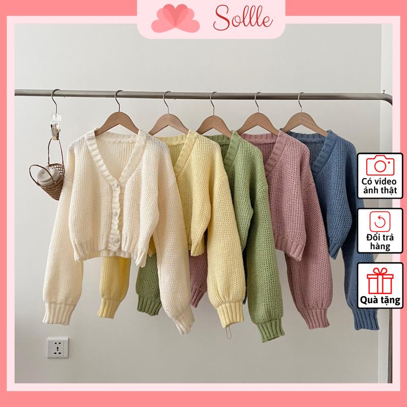 Áo khoác nữ cardigan croptop len trơn nhiều màu dáng lửng form rộng Hàn Quốc Sollle