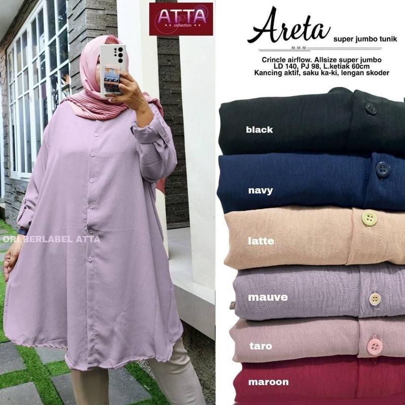 Atasan Wanita Kemeja  Polos Areta Tunik Jumbo LD140 Bahan Crincle Airflow Full Kancing Oversize Muslim 1