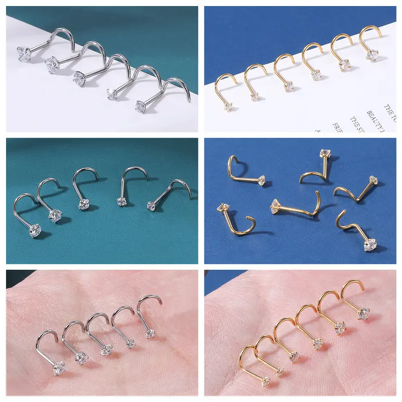 1 PC 18G/20G Stainless Steel Nostril Piercing 1.5/2/2.5/3mm Crystal Nose Piercings L Shape Nose Stud Cubic Zircon Nose Stud 1