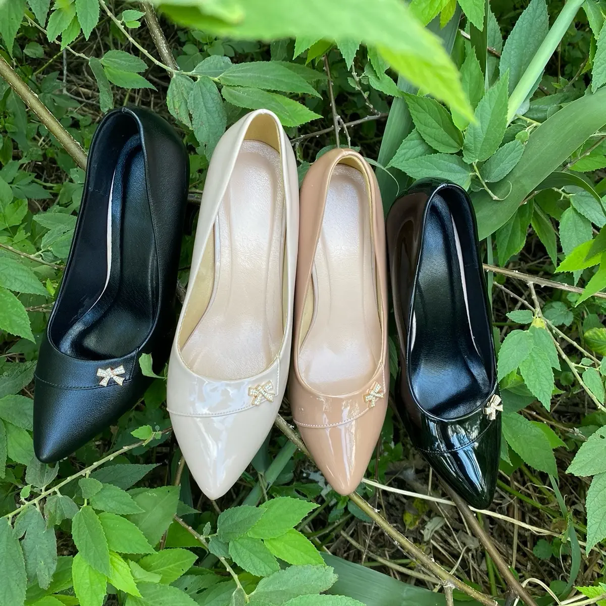 giày mũi nhọn vá mác mới 5-7cm có 4 màu đen bóng đen mờ kem bóng ca fe