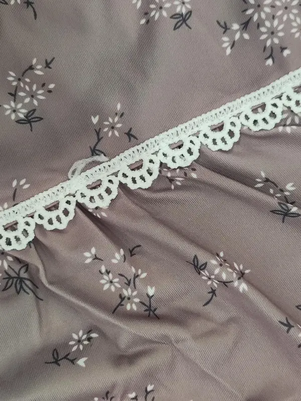 Women's Ditsy Floral Print Contrast Lace Crew Neck Nightdress, Elegant Casual Button Short Sleeve Round Neck Nightgown, Soft Comfortable Sleepwear for Women 7