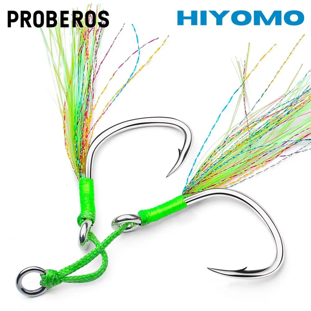PROBEROS 2pairs Metal Jig Assist Hook with Thread Feather 1/0#-5/0# Micro Jigs Carbon Steel Fishing Double Hook Barbed Slow/fast Jigging Hooks Salt Water Fishing Tackle