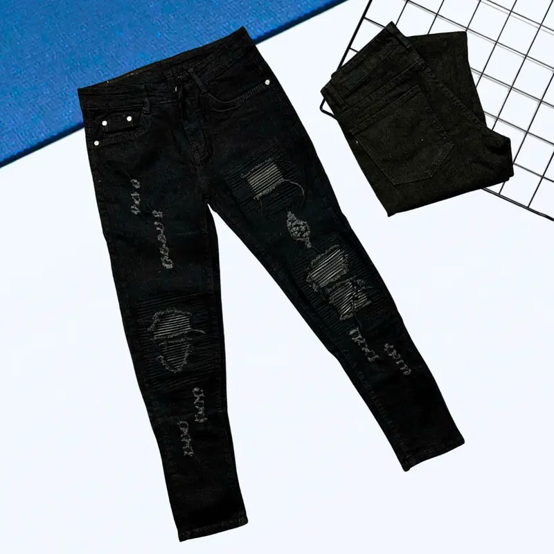 [Q09] Quần Jean dài nam đen rách có vá da mặc 4 mùa thời thượng có túi Menswear Pants 0