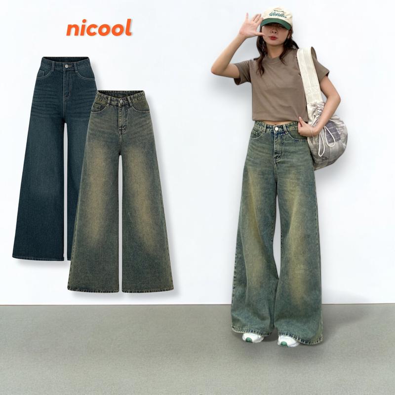 Quần Jean Nữ ỐNG SUÔNG RỘNG màu xanh WASH cá tính Nicool N41-Q44 Women Ong Xanh Rêu