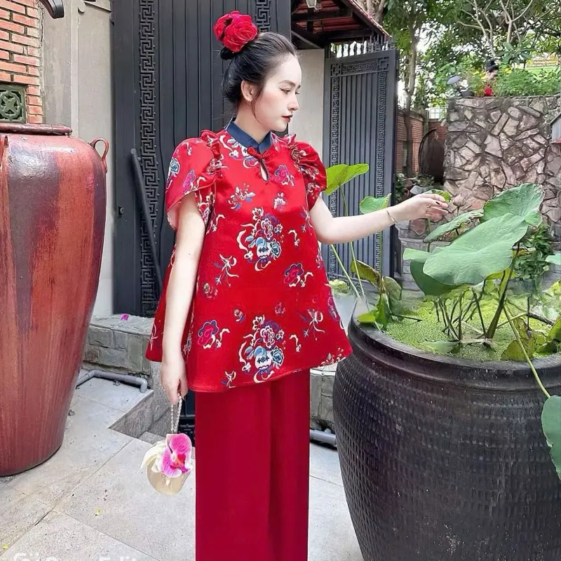 Set áo đỏ hoạ tiết + quần lụa đỏ ( set Tết Thượng Hoa )