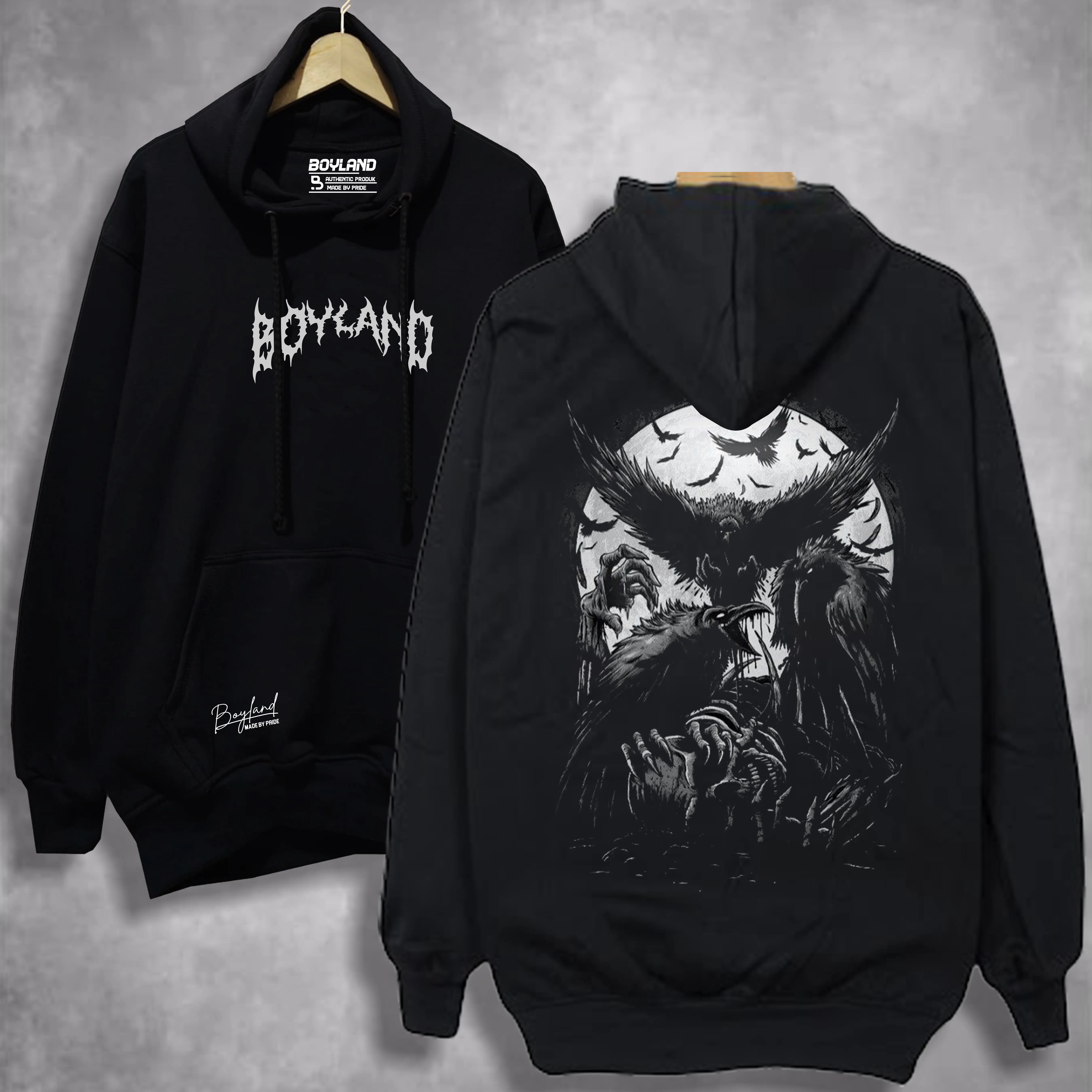 BoyLand Hoodie Sablon ARTWORK RAVEN Warna Hitam Unisex Pria Wanita Sweater Cowok Oblong Basic Casual Authentic Distro Motif Sablon Warna Hitam Tangan Panjang Bahan Fleece Tebal Lembut Santai nyaman Unisex Perempuan Laki Laki Bulat Katun Garis Topi Keren