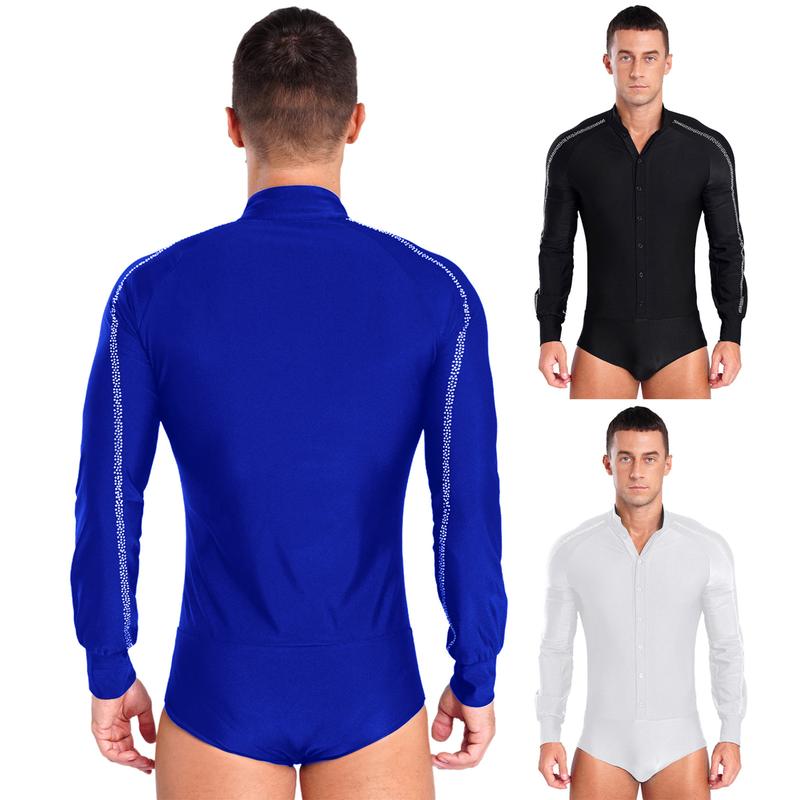 Trang Phục Thi Đấu Khiêu Vũ Latin Nam Hồi Giáo, RUNQHUI, Tay Raglan, Cổ Chân Đế Có Nút, Đính Đá Lấp Lánh Leotard Sport 5