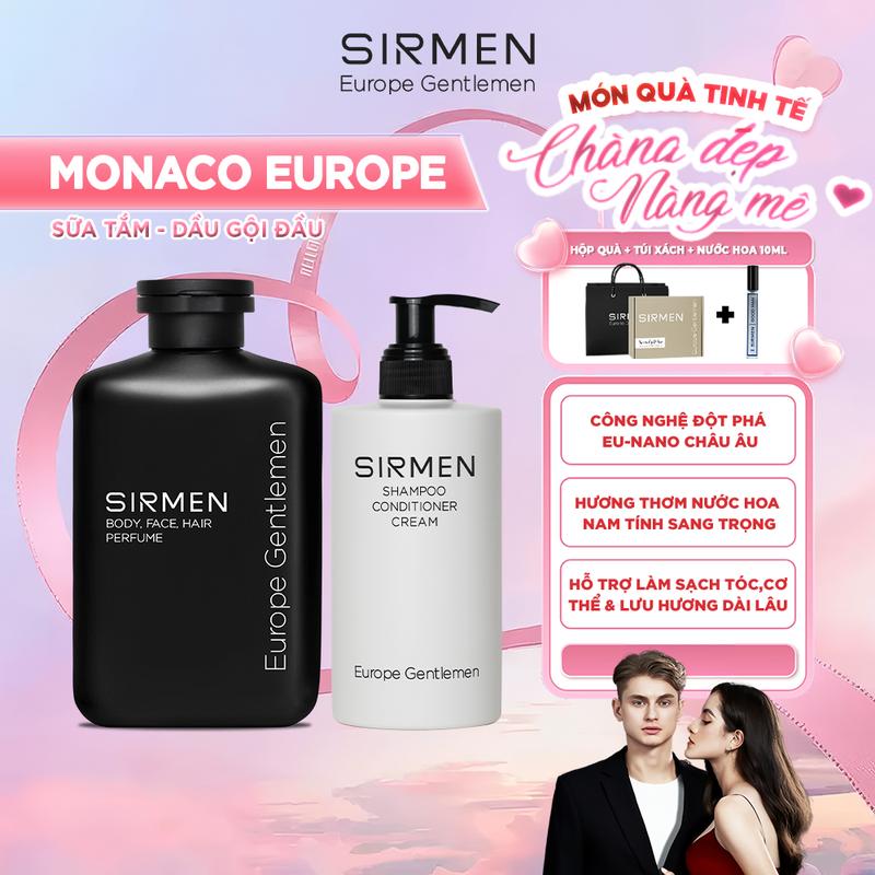 Bộ quà tặng cho nam MONACO EUROPE - Gồm Sữa tắm 350g và Dầu gội 320g nguyên liệu châu Âu SIRMEN Europe Gentlemen 100g chiết xuất tự nhiên công nghệ EU-Nano| TẶNG TÚI XÁCH & NƯỚC HOA 10ML
