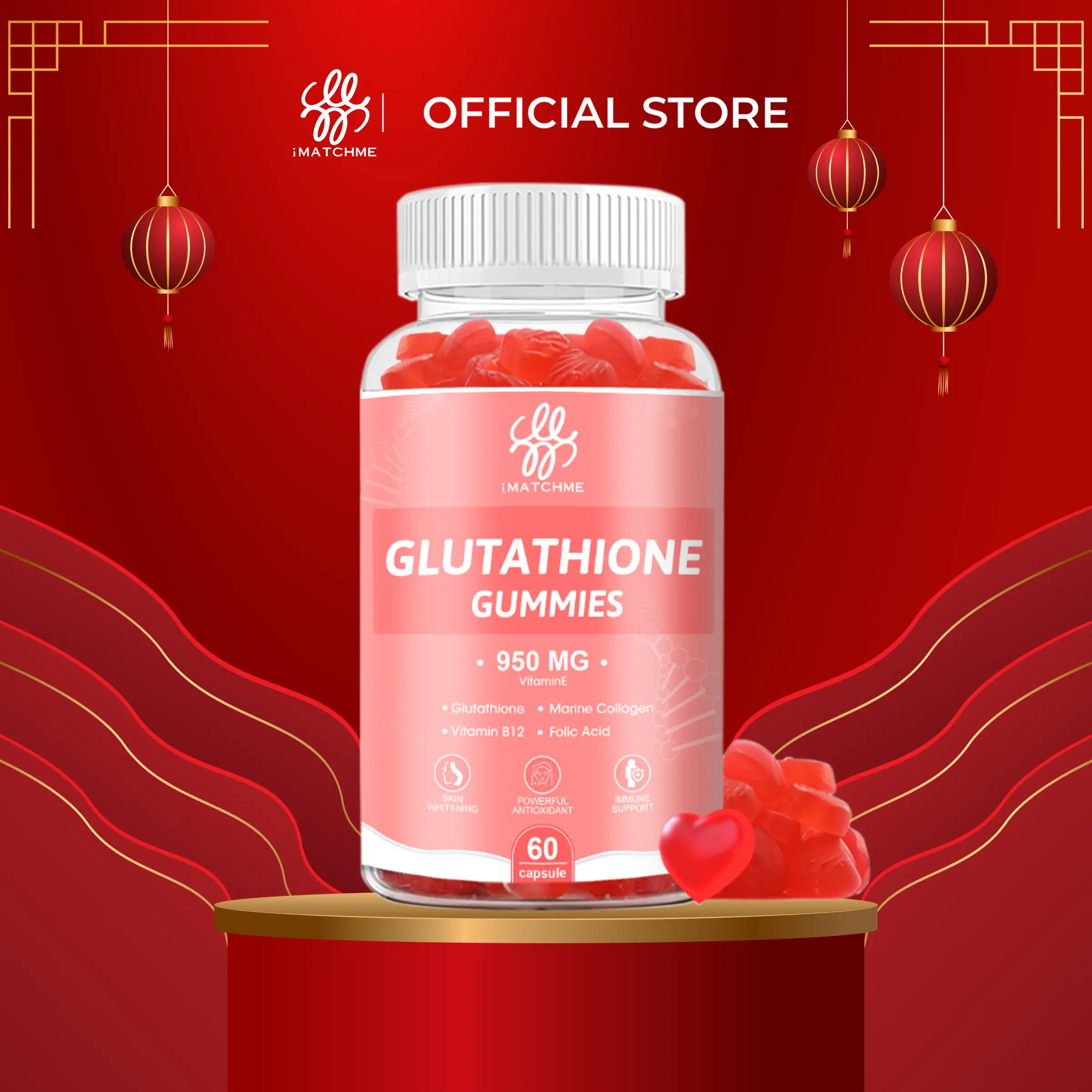 Kẹo dẻo iMATCHME Glutathione với thành phần hỗ trợ da sáng khỏe, tươi trẻ và hỗ trợ trao đổi chất từ bên trong. collagen