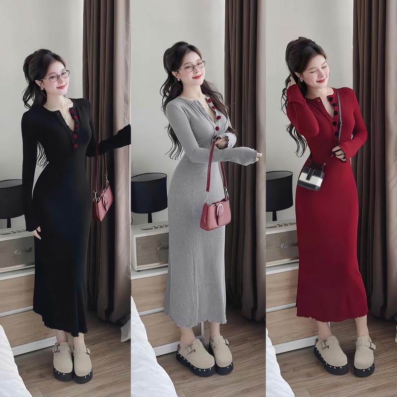 Đầm ôm Body Dáng Dài Cổ Tròn Cài Nút Dễ Thương Chất thun Thăm lạnh Váy Đi Làm Đi Tiệc Đi Chơi_HT171651289 Women Nữ Dress