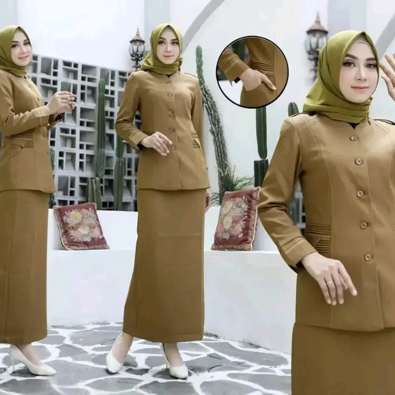 SERAGAM KERJA BAJU DINAS KHAKY TUA  903 WANITA SETELAN ROK A/ROK SPAN/CELANA PANJANG BAHAN KATUN FEEE HIJAB 1