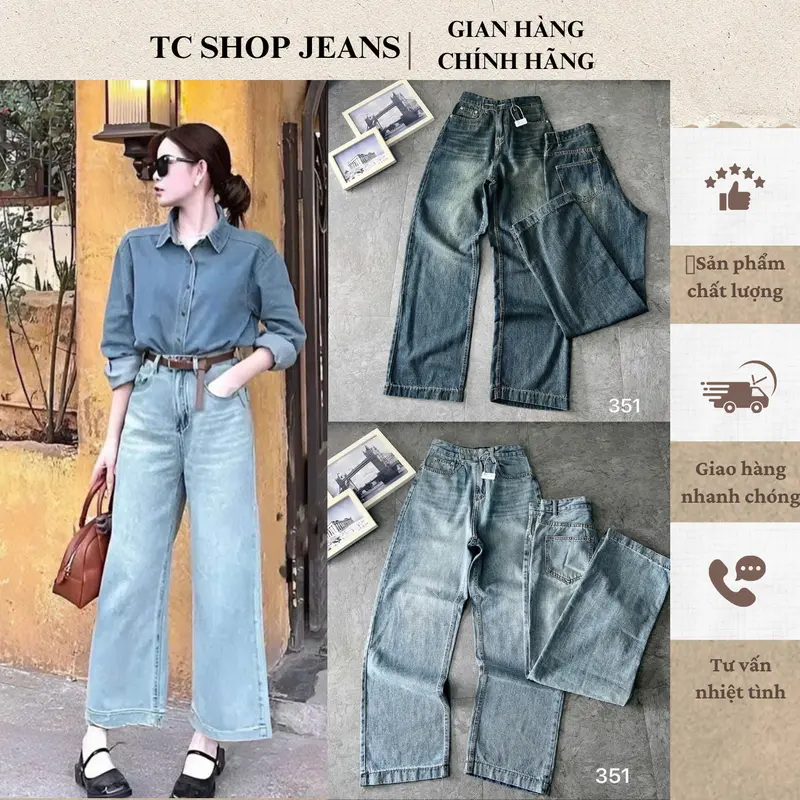 TCSHOPJEAN Quần Jeans Suông Nữ Bigsize 55kg-90kg Trơn Lai Kiểu Mã 351 0