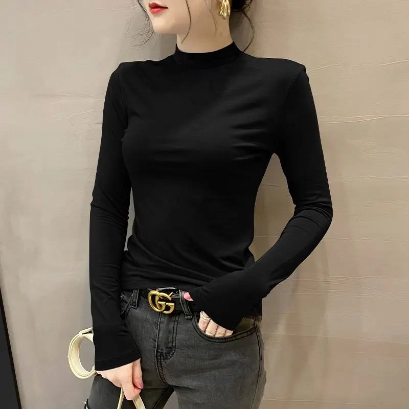 2024 Spring and Autumn New Modal Black Mock-Neck Bottoming Shirt Women's Middle Collar Inner Wear Long Sleeve T-shirt Western Style Top