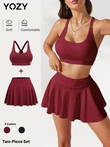 YOZY-GOOO Women's Crop Top & Skirt Two-piece Set, Sporty Casual Breathable Outfits for Yoga Gym Workout, Ladies Summer Clothes