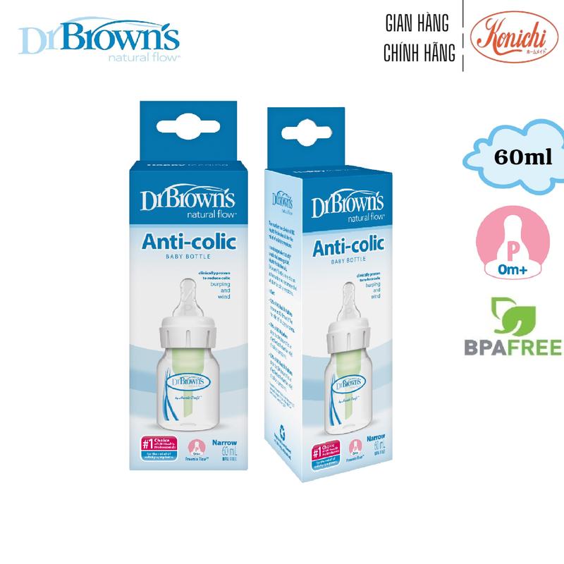 [SB2100] Bình sữa Dr.Brown's Options Plus cổ thường sơ sinh 60ml, núm Silicone, PP, kháng khuẩn - Voi binh  chongsac bình  dr brown 2