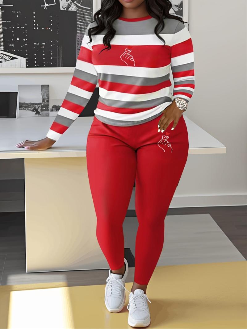 Product Introduction of Women's Striped Print Sweatshirt & Skinny Pants Two-piece Set, Casual Long Sleeve Round Neck Pullover & Leggings, Women's Fall & Winter Clothes for Daily Wear 5