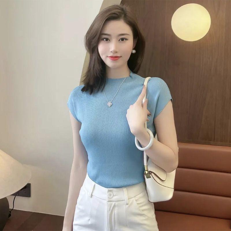 Áo Thun Dệt Kim Lụa Lạnh Ngắn Tay, Dành Cho Nữ, Hàng Mới Về Mùa Hè 2024, Áo Mỏng, Phong Cách Phương Tây, Trông Trẻ Trung, Áo Cổ Lửng 6