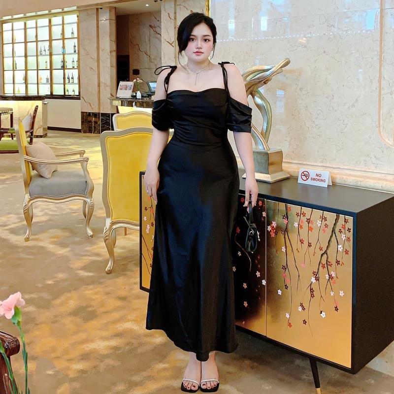 Đầm Lụa Bigsize Dáng Dài Bẹt Vai Có Mút Siêu Sang Từ 60 Đến 90Kg Nữ Women Dress Set Lụa Xước Váy Thường Mặc Khóa Kéo Xám Nâu Đen Kem Ghi đầm 2 dây trễ vai
