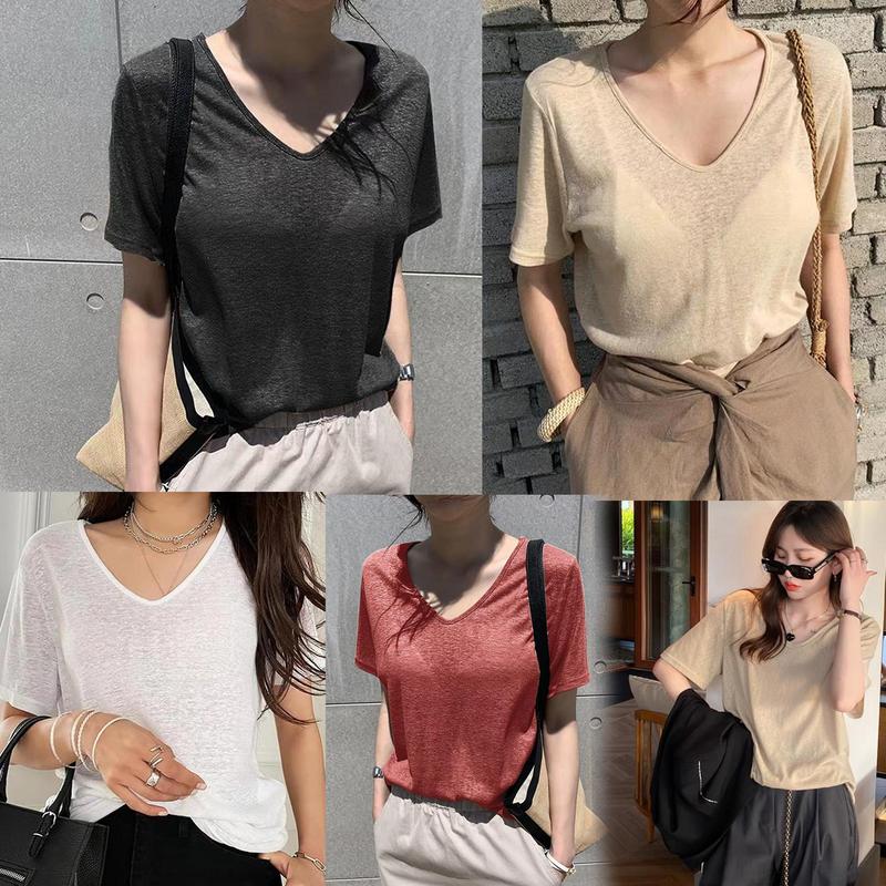 Chemise#เสื้อยืดคอกลมแขนสั้นสำหรับผู้หญิง ทำจากผ้าฝ้ายลินินและผ้าไหม ...