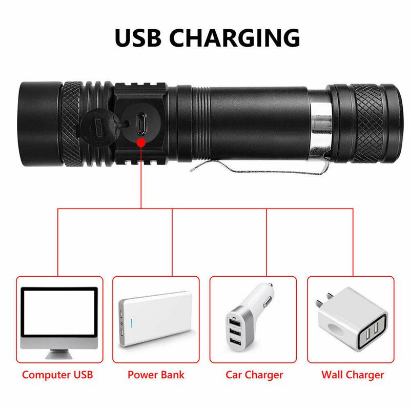 Product Introduction of Ultra Bright T6 LED Flashlight XP-L LED Lamp Beads Waterproof Torch Zoomable 4 Lighting Modes 18650 Battery USB Charging 61