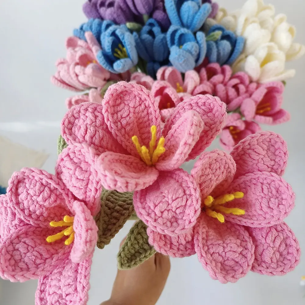Finished Hand-Knitted Tulips Bouquet Handmade Crochet Fake Flowers for Wedding Home Table Decorate Handmade Valentine's Gift