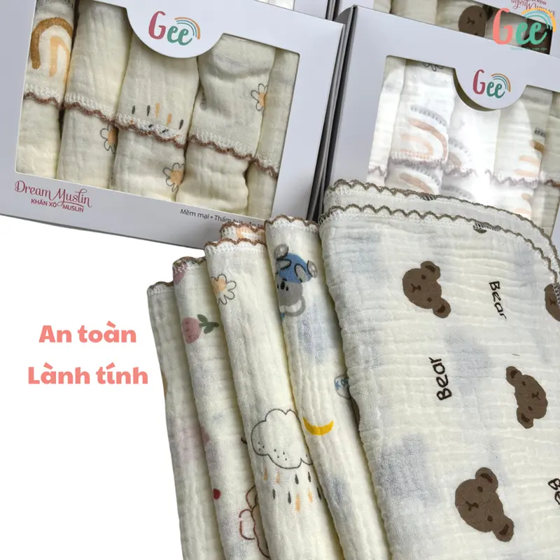 Khăn sữa muslin Gee, set 5 khăn xô mềm mịn mát, thấm hút, an toàn cho bé, họa tiết dễ thương, vải cotton 2 lớp, 30x30cm 1