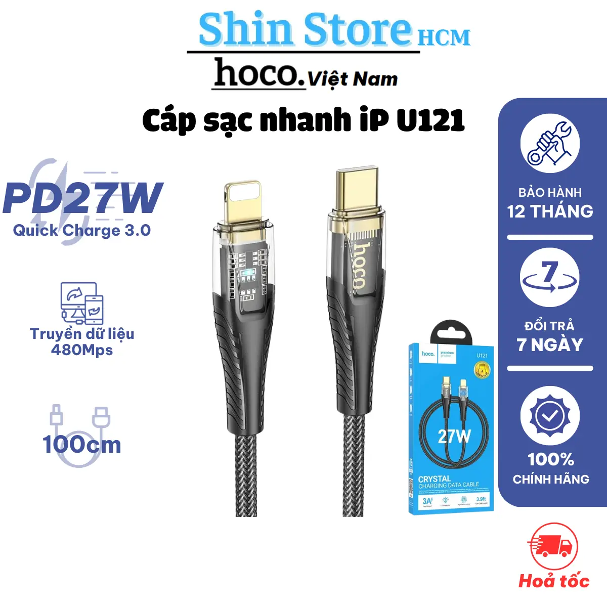 Cáp sạc nhanh 27W Hoco U121 Type-c to iP, đầu trong suốt LED báo sạc dây dù bện siêu bền - Shin Store Sạc Điện Thoại Phụ Kiện