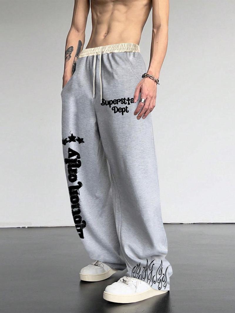 Product Introduction of Men's Patchwork Spider Web Print Drawstring Waist Pants, Casual Street Pocket Straight Leg Trousers for Daily Wear, Fashion Men's Bottoms for All Seasons 14