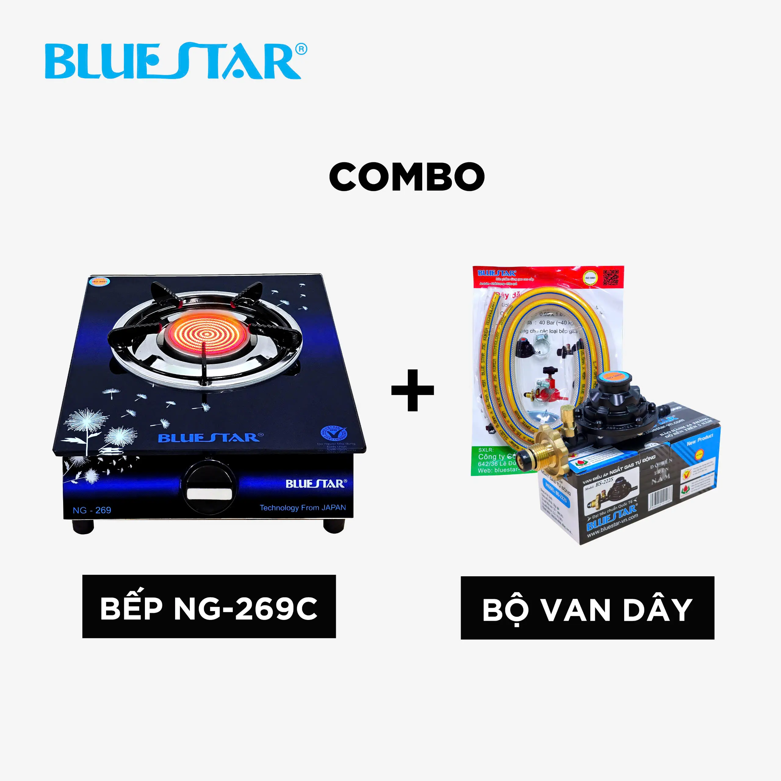 COMBO BẾP GAS ĐƠN MẶT KÍNH, LỬA HỒNG NGOẠI BLUESTAR NG-269C+BỘ DÂY VAN ĐÁNH LỬA MAGNETO, ĐIẾU GANG ĐÚC bếp gas  điện