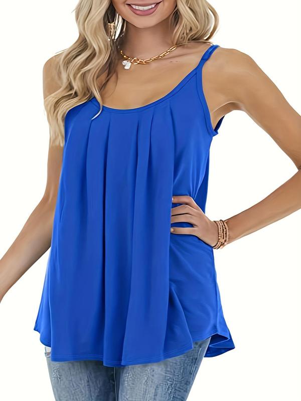 【 Plus Size】 Plain Plicated Scoop Neck Cami Top, Comfort Adjustable Spaghetti Strap Top for Lady, Women's Clothing for Daily Wear, Evening Top on Holiday, Womenswear 3