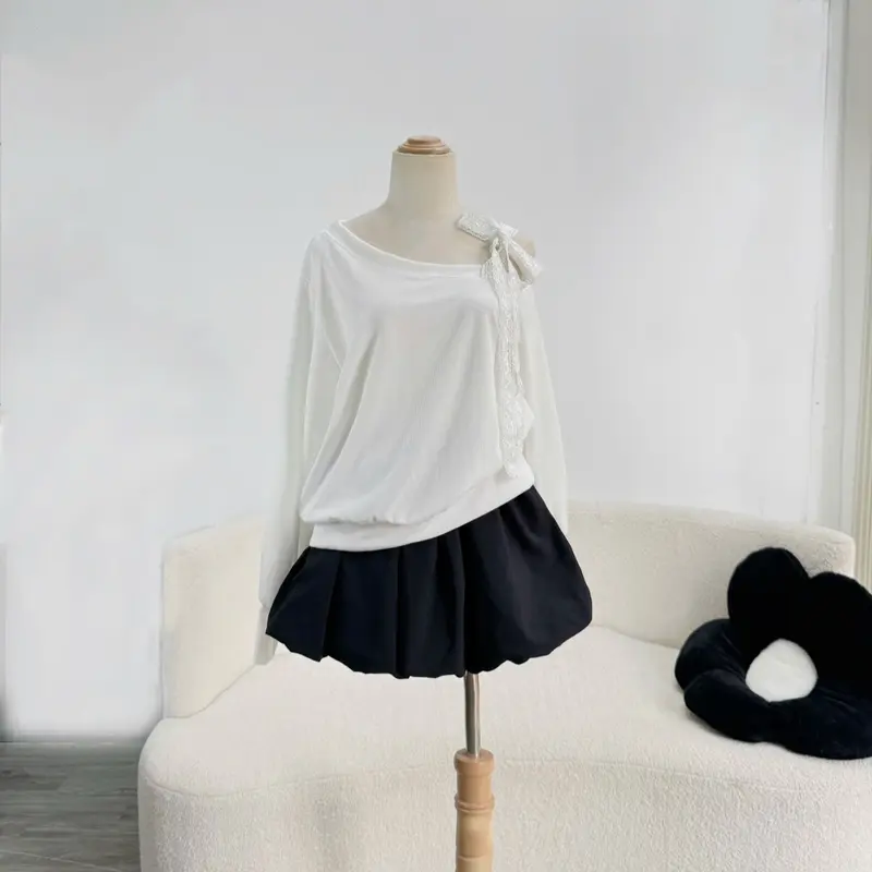 Set Bigsize CÓ LẺ ÁO (Áo + Váy) Áo Sweater Lệch Vai Dây Ren Vai Thun Nỉ Tăm Cao Cấp Phối Chân Váy Bí Ngô Dễ Thương Cho Nữ Chuppy (50-95Kg)-  Top Women 5