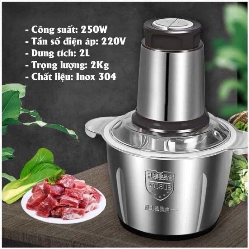 Máy Xay Thịt Đa Năng Cối INOX 304 2L, Công Suất 250W, 4 Lưỡi Dao, Xay Thịt, Xay Rau Củ, Xay Sinh Tố