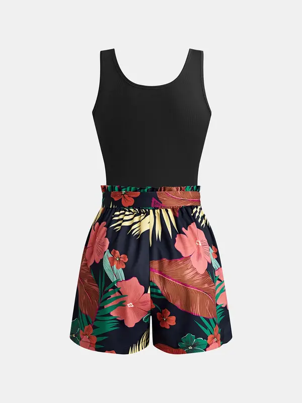 YOZY Boho Ribbed Tank Top & Plants Print Belted Shorts Set, Notched Neck Sleeveless Top & Paper Bag Waist Shorts, 2024 Women's Summer Outfits for Beach, Vacation, Daily Wear 1