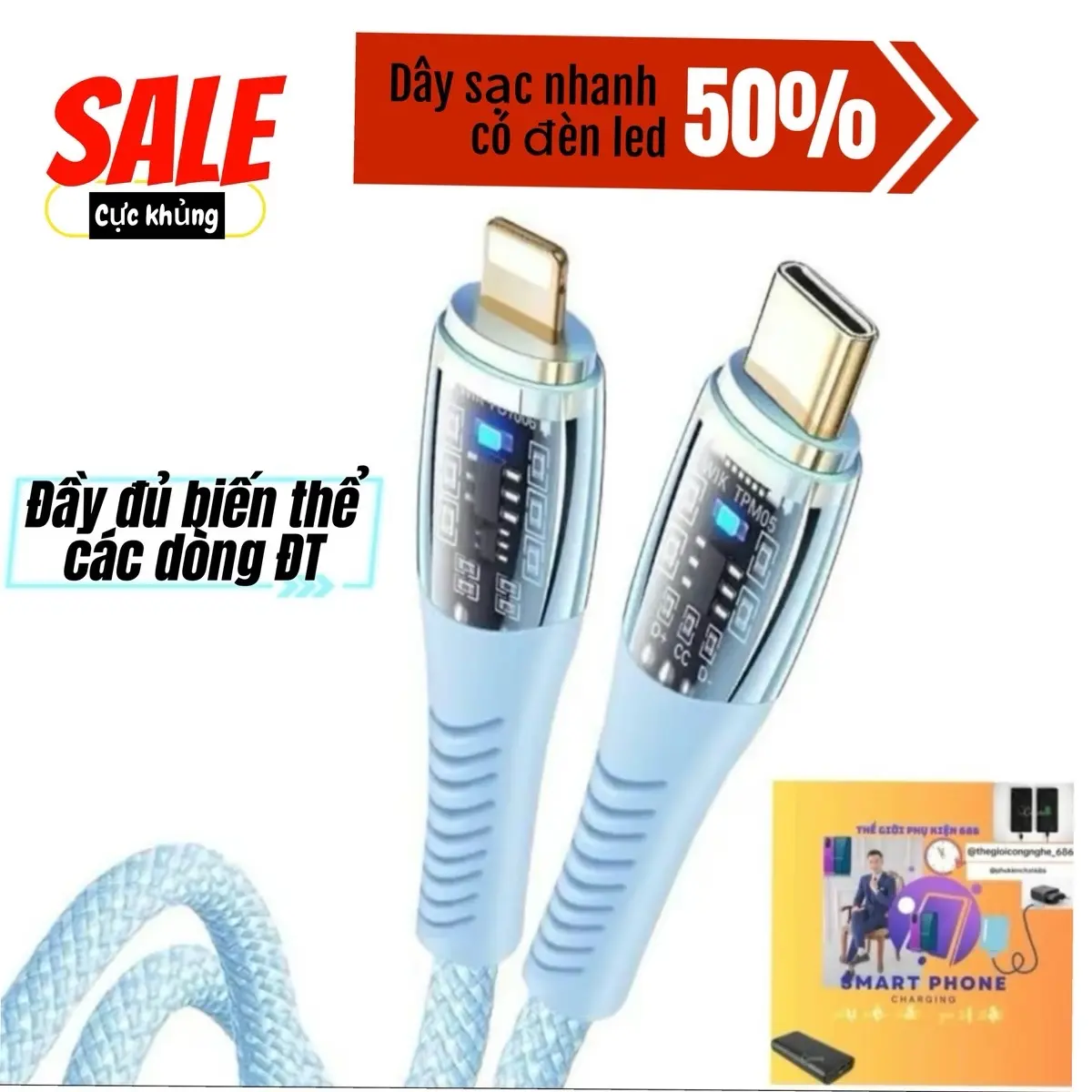 Dây Sạc Nhanh Trong Suốt - LED 2 đầu , chip Điều Khiển Nhiệt Độ 30w / 100w . Sạc siêu nhanh cho các dòng điện thoại Phụ Kiện Sạc Điện Thoại Usb