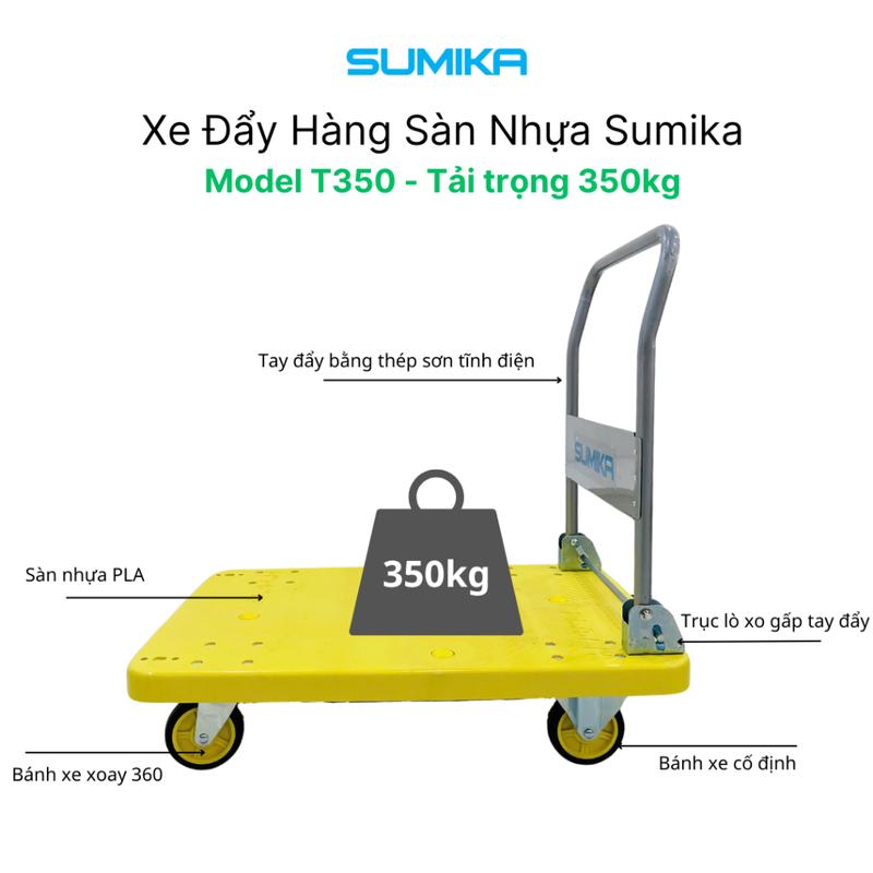 Xe đẩy hàng sàn nhựa PP SUMIKA T350, tải trọng 350kg, màu vàng, bánh xe nhựa PU đàn hồi 7