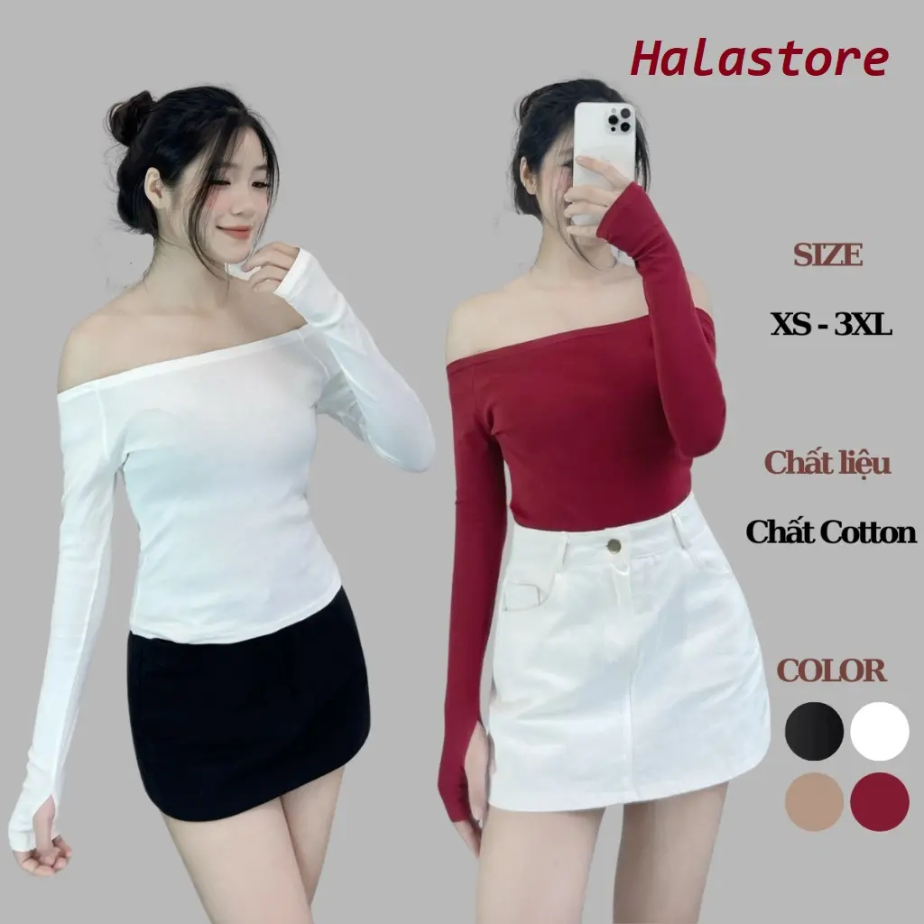 Áo Thun Nữ Tay Dài Trễ Vai Có Xỏ Ngón Chất Zip Cao Cấp, Áo Trễ Vai Nữ Dáng Ôm Phong Cách Hàn Quốc BigSize 323T