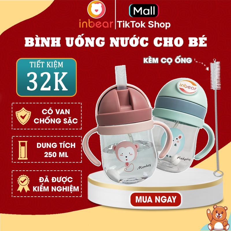 Cọ Kèm Bình Uống Nước Cho Bé Inbear 250ml Có Van Chống Sặc, Chống Rỉ Nước, Vạch Chia Và Tay Cầm Tiện Lợi - Tặng Cọ Ống Hút Kem