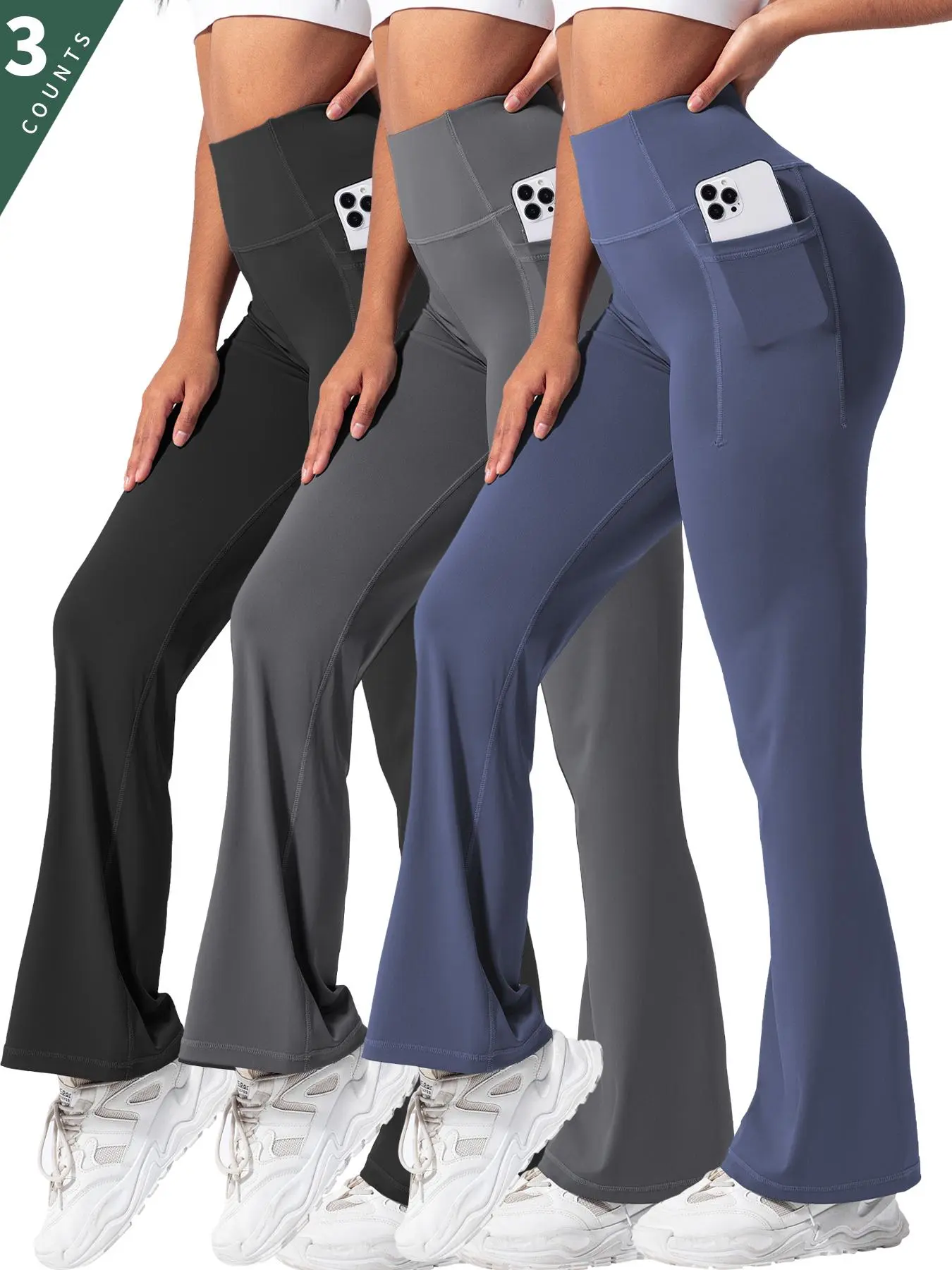 Women's Solid High Waist Flare Leg Pants, Casual Comfy Pocket Design Bell Bottom Trousers for Yoga Gym Workout, Ladies Bottoms for All Seasons