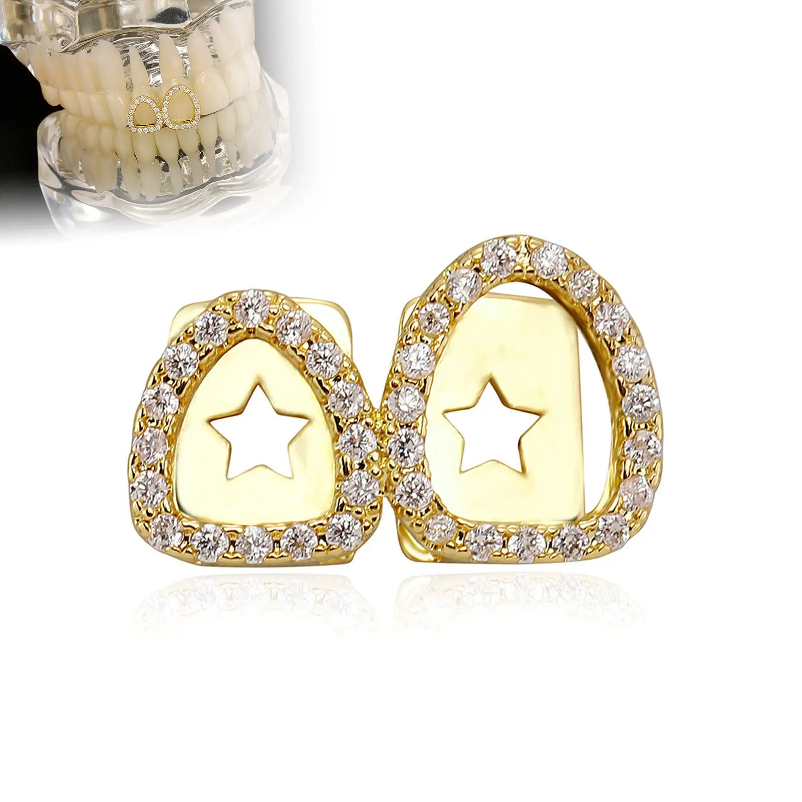 Hollow Setting Tooth Grill Teeth Caps Star Style Copper Teeth Caps with Rhinestones Decor for Women Men Fashion Jewelry