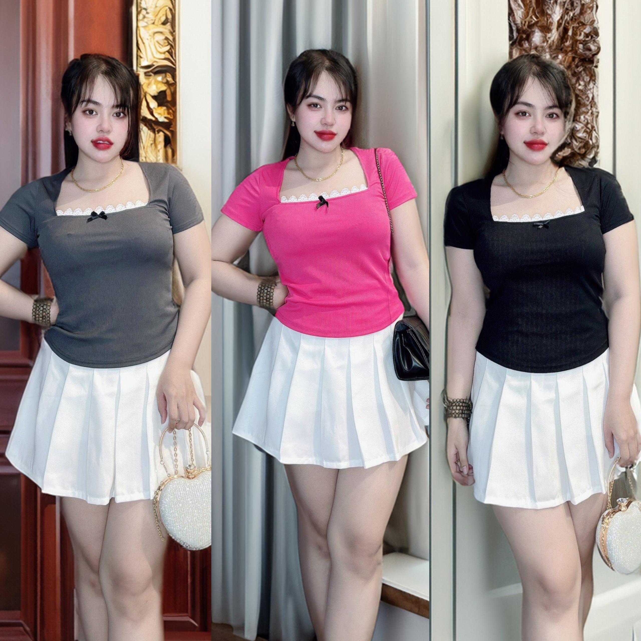 Áo Thun  Phối Ren Tay Ngắn Cổ Vuông Vải Thun Gân Tăm 45- 90Kg Có Bigsize Thời Trang Nữ - A.1346