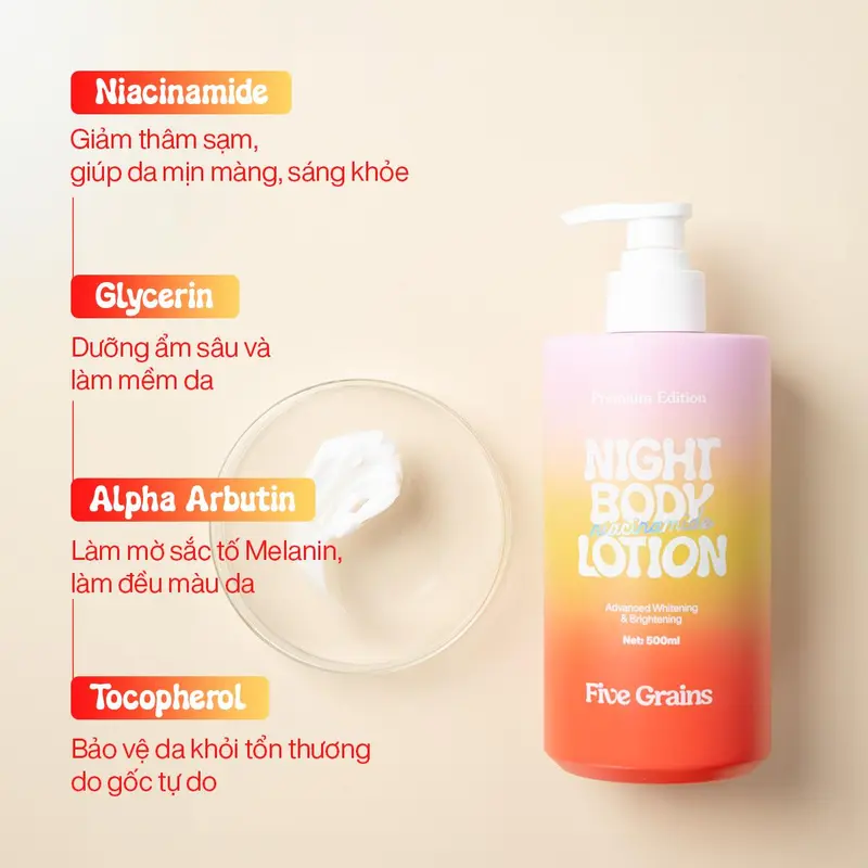 Combo kem dưỡng giúp dưỡng ẩm dưỡng trắng da body ban ngày và ban đêm Five Grains Niacinamide, Alpha-Arbutin 500ml 4