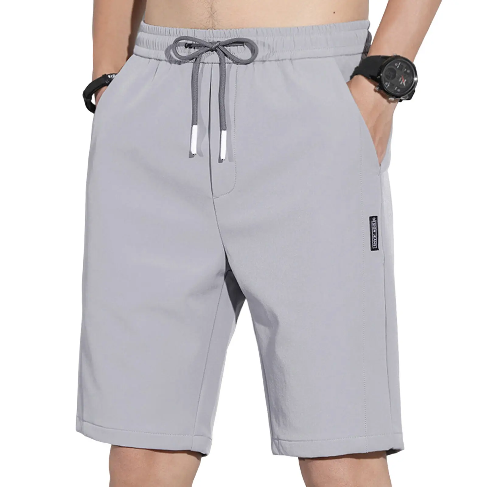 XIN TREE Shop Men Summer Shorts Elastic Waist Drawstring Straight Solid Color Ice Silk Sports Thin Pockets Knee Length Pants Men Clothing