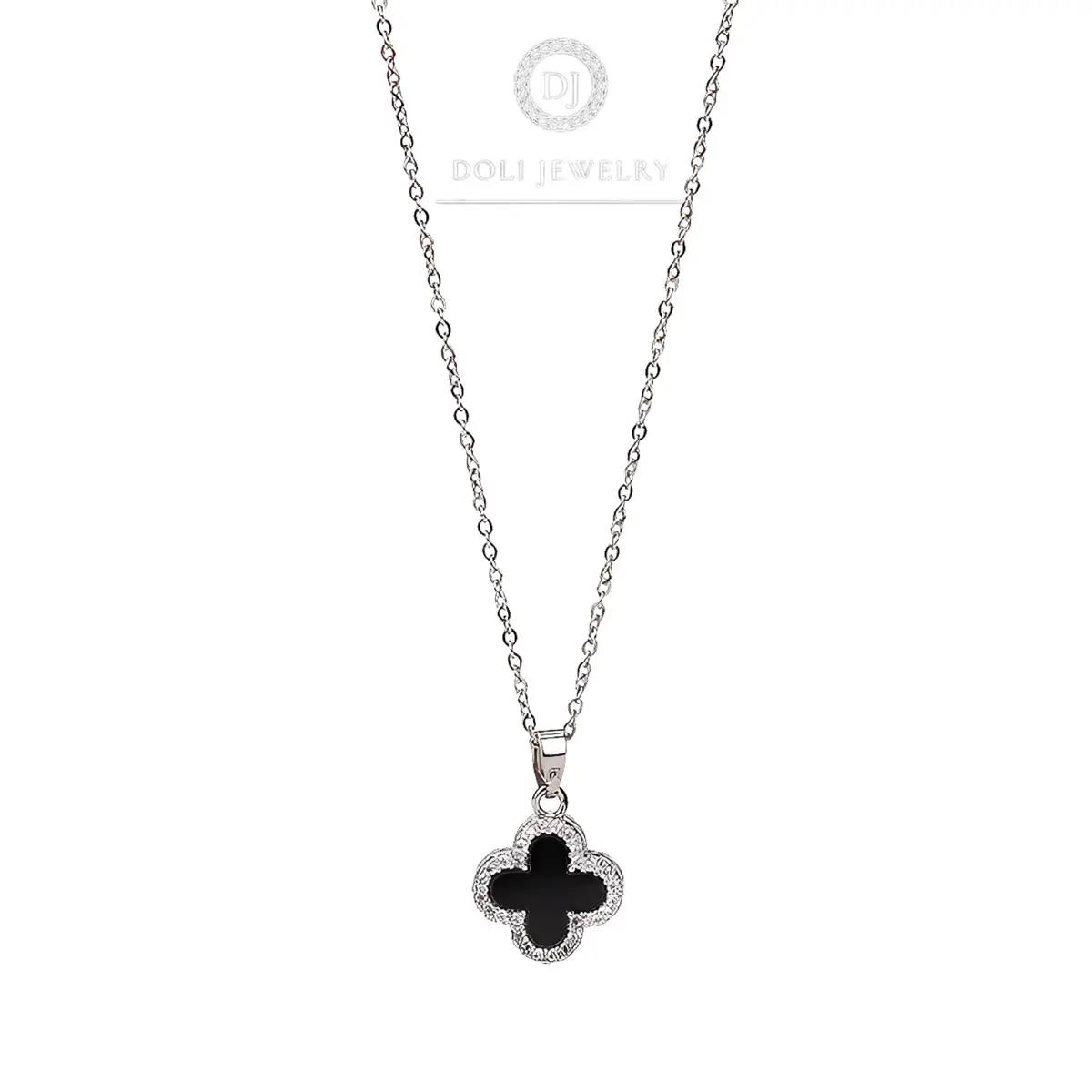 Dây chuyền cỏ 4 lá bạc Ý S925 DOLI JEWELRY - A024 1 mặt đá đen D05