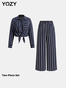 YOZY Two-Piece Set Women's Striped Print Button Front Shirt & Elastic Waist Pants Set, Drop Shoulder Long Sleeve Top & High Waist Trousers Set for Daily Wear, Casual Comfy Women's Two-piece Outfits for All Seasons