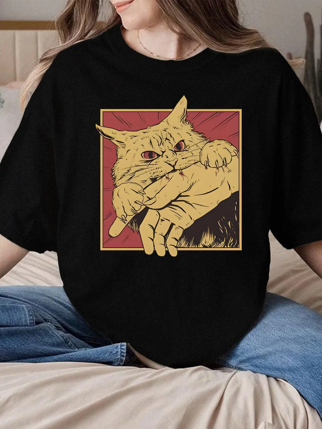 Women's Cat Print Round Neck Tee, Fashion Casual Crew Neck Short Sleeve T-Shirt for Daily Holiday Vacation Outdoor Wear, Ladies Clothes for Summer, Top
