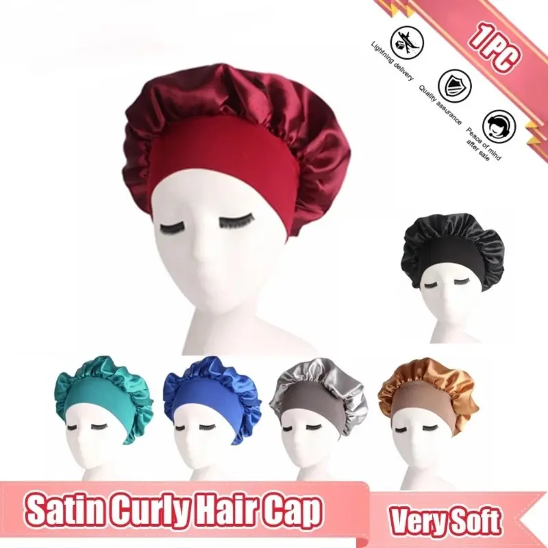 Women Soft Solid Wide-Brimmed Silk Sleep Cap Hair Bonnet Hat Head Cover Wide Band Elastic Bonnet Nightcap Supplies