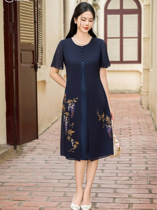 Đầm Chiffon phối Lụa Latin Hàn Nữ Trung Niên Cao Cấp Sang Trọng tặng mẹ thương hiệu Thiều Hoa DD4L0552 Women Dress